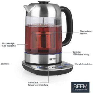 Beem Wasserkocher Teatime II Glaskanne mit Teesieb, Individuelle Temperatureinstellung, praktische Warmhaltefunktion, 1,7 l